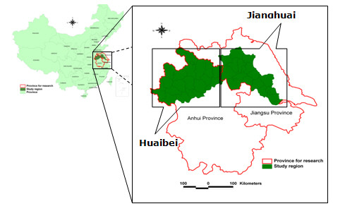 Location of the HUAIBEI and JIANGHUAI plains in China